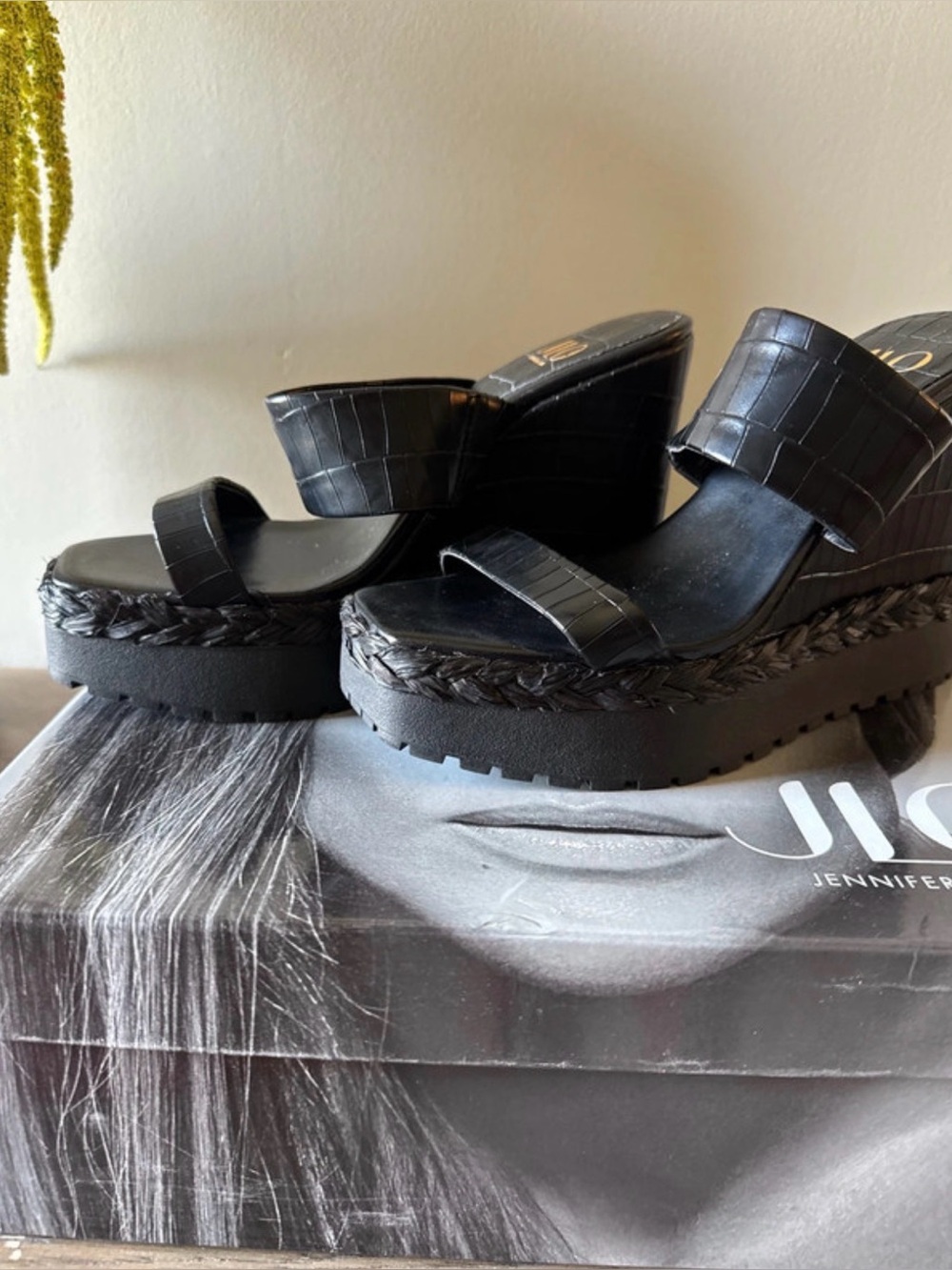 JLO  Faux-Croc Platform Wedge Slides